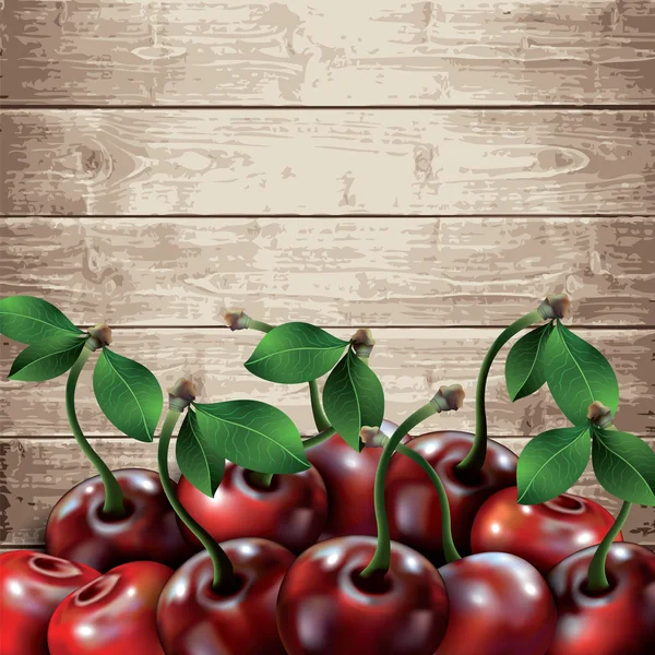 Many cherries on wooden texture background. — Stock Vector