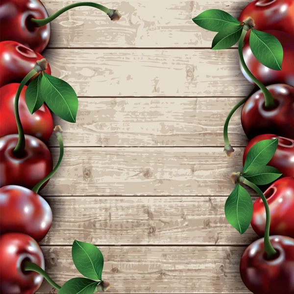 Many cherries on wooden texture background. — Stock Vector