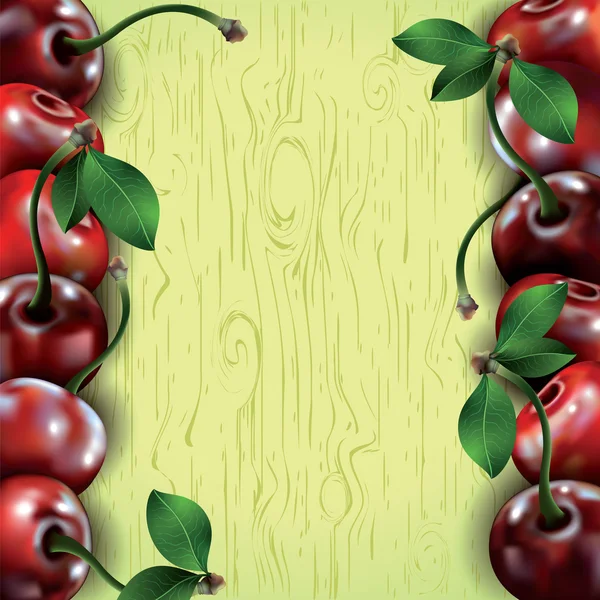 Many cherries on wooden texture background. — Stock Vector