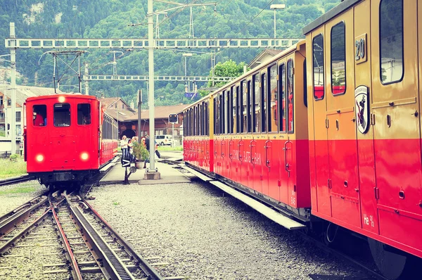 Retro passenger trains stan after arrival from Schynige Platte. — Stock Photo, Image
