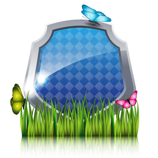 Escudo azul con mariposas voladoras junto a la hierba . — Archivo Imágenes Vectoriales
