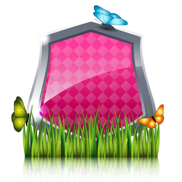 Red shield with flying butterflies by the grass. — Stock Vector