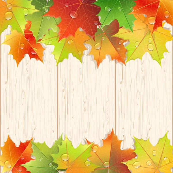 Textura de madera decorada con hojas de arce de otoño . — Vector de stock