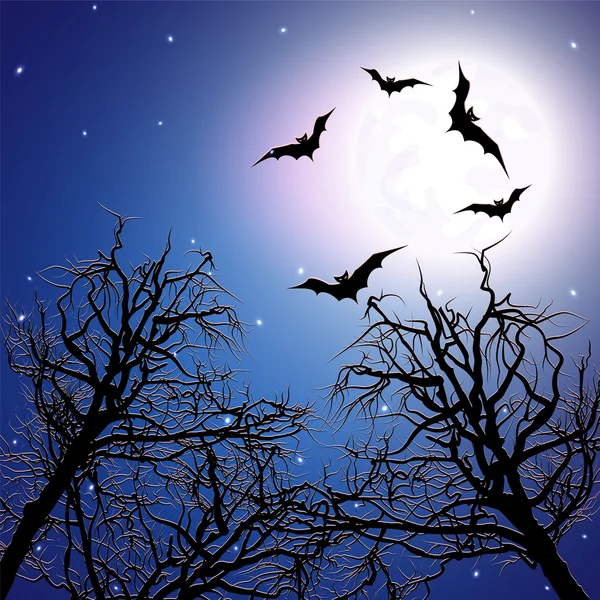 Flock of bats above the trees at night time. — Stock Vector