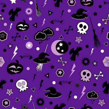 Menekşe arka plan üzerinde Halloween sembolleri.