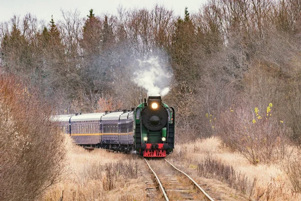 Steam Train Moves Autumn Day Time — Stock Photo, Image