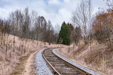 Sonbahar günü tek demiryolu hattı. Rusya.
