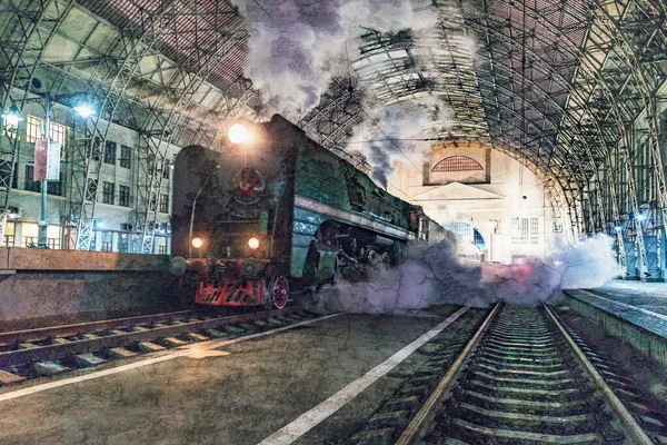 Tren Vapor Retro Sale Plataforma Pasajeros — Foto de Stock