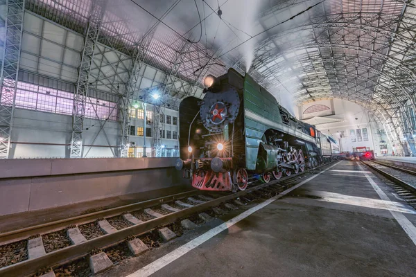 Moscou Rússia Janeiro 2021 Trem Vapor Retro Fica Lado Plataforma — Fotografia de Stock