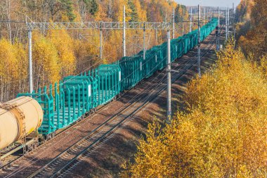 Uzun yük treni sonbahar günü istasyona yaklaşır..