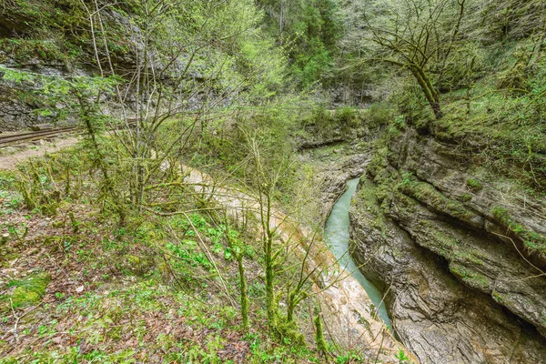 Ferrovia Scartamento Ridotto Nel Profondo Canyon Stretto Guam Caucaso Occidentale — Foto Stock