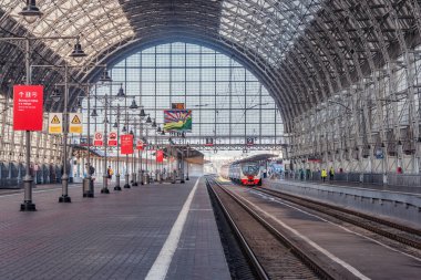 Moscow, Russia - July 17, 2021: Interior of Moscow Kiyevsky railway station at morning time.