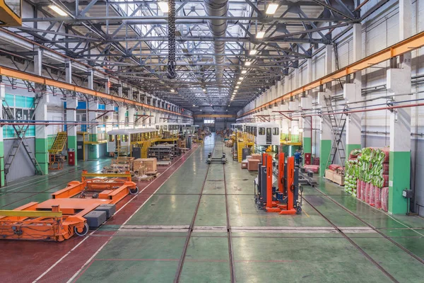 Mytishchi, Russia - February 21, 2017: Rail car assembly plant for the metro trains. Mytishchi Metrovagonmash factory.
