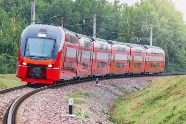 Yüksek hızlı tren gün batımında ormanda hareket eder..