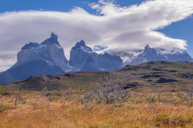 Cuernos del Paine dağları. Torres del Paine Ulusal Parkı. Şili.