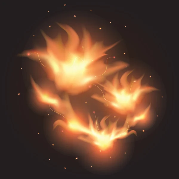 Des flammes de feu sur fond noir. Illustration vectorielle colorée. — Image vectorielle