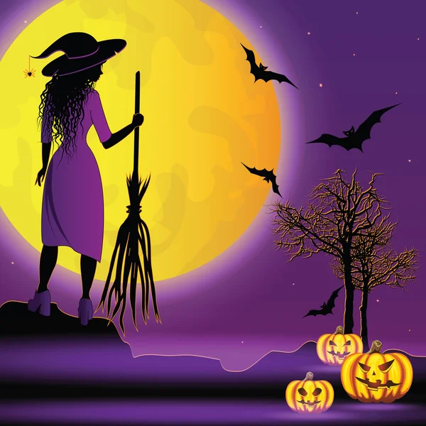 Halloween background with young witch. — Stock Vector