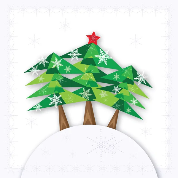 Three green Christmas fir trees on the hill on white background. — Stock Vector