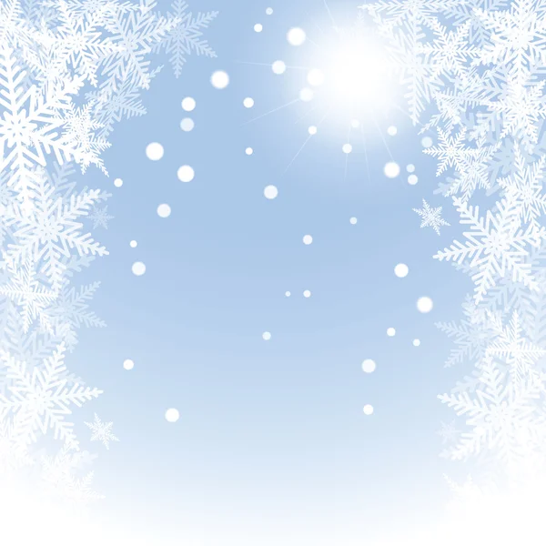Karácsonyi hópelyhek és a sun a kék háttér. — Stock Vector