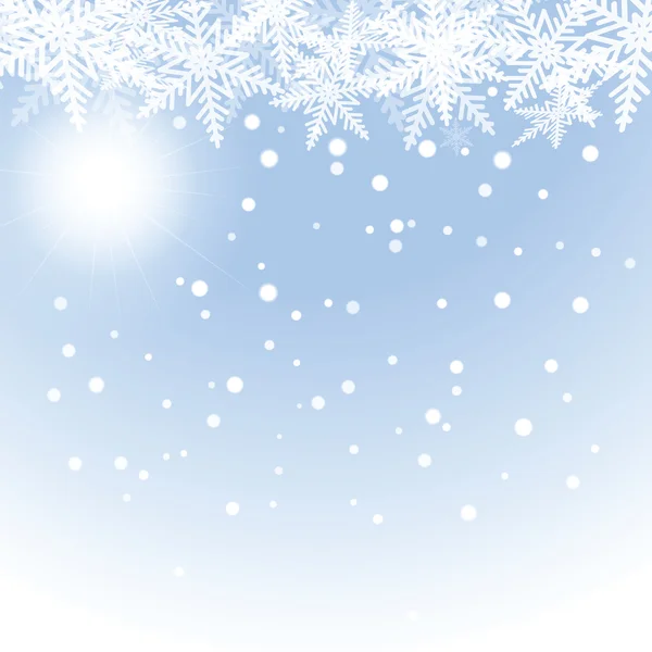 Copos de nieve de Navidad y sol sobre fondo azul . — Vector de stock