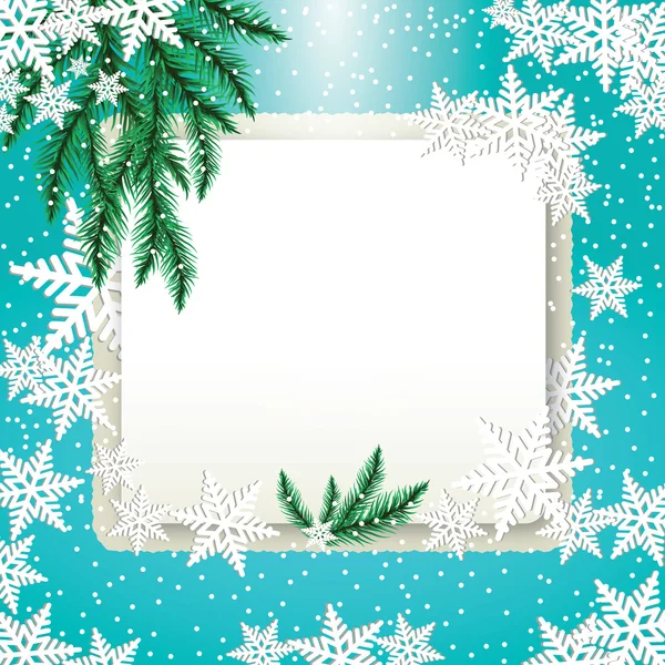 Frame, fir tree branches and snowflakes on colorful background. — Stock Vector