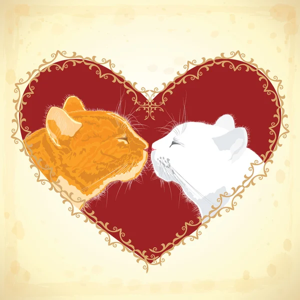 Dos gatos queridos en el fondo en forma de corazón . — Vector de stock