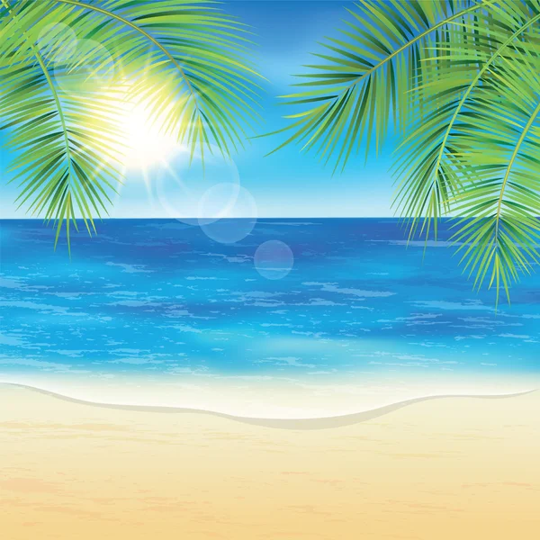 Піщаний пляж і пальмові гілки під час заходу сонця . — стоковий вектор