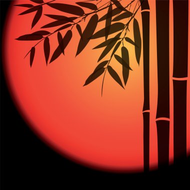 Bambu ağaçları ve siyah arka plan üzerinde kırmızı güneş ile yaprakları.