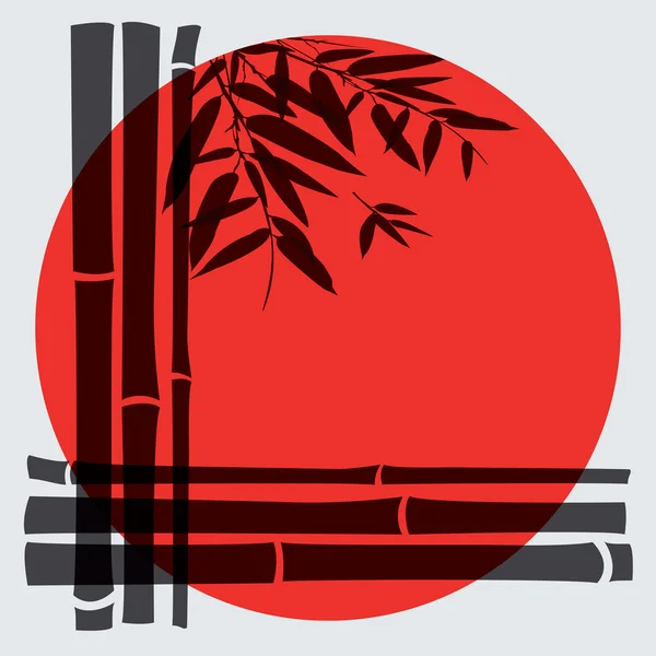 Alberi e foglie di bambù con sole rosso su sfondo bianco . — Vettoriale Stock