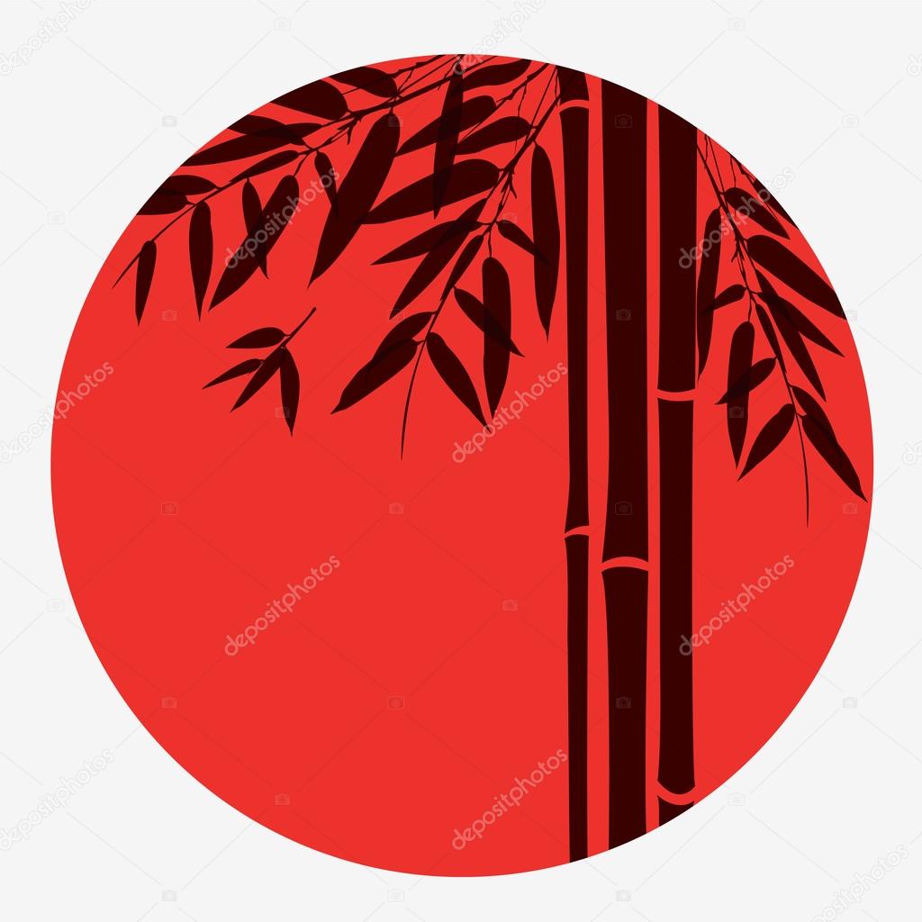 Bamboo trees and leaves with red sun on white background.