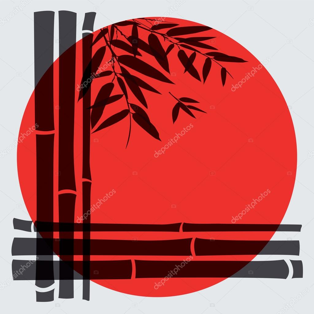 Bamboo trees and leaves with red sun on white background.