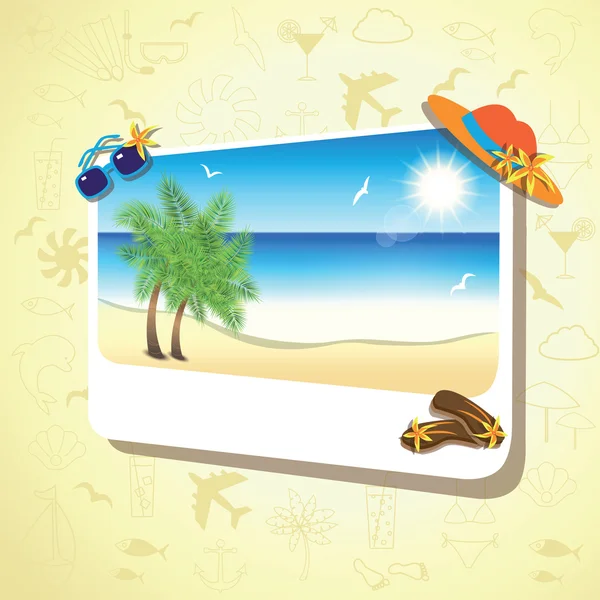 Picture of the sand beach landscape with palm branches on colorful background. — Stock Vector
