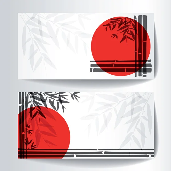 Banners with bamboo trees and leaves with red sun on white background. — Stock Vector