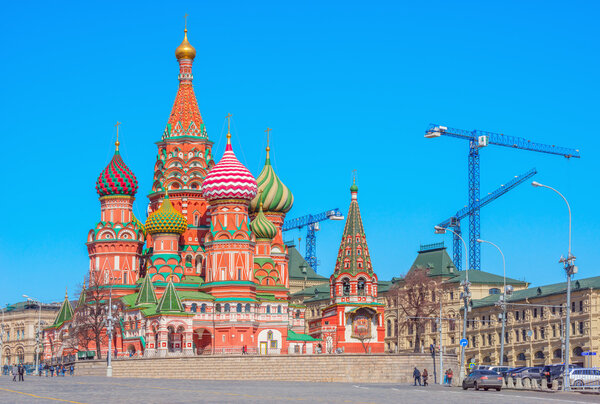 Morning view of St. Basil Cathedral on Red Square in Moscow, Russia.