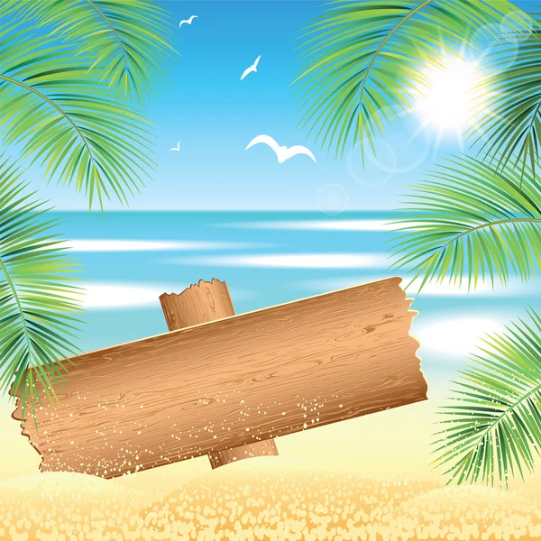 Sand beach with the palm branches. — Stock Vector