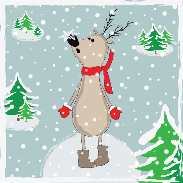 Cartoon reindeer in winter forest. — Stock Vector