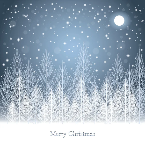 Bosque de invierno bajo la luna en el fondo de la postal de Navidad . — Vector de stock