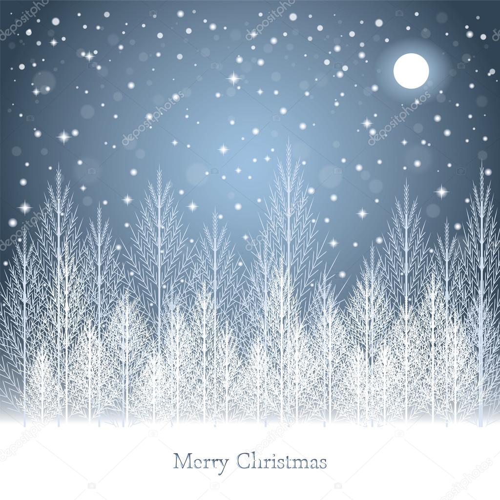 Winter forest under the moon on Christmas postcard background. 