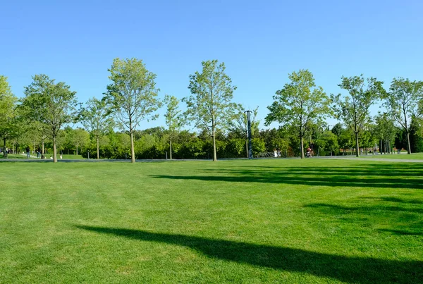 Eine wunderschöne Parklandschaft und ein Naherholungsgebiet in der Stadt, eine grüne Wiese und ein Baum, schöne Schatten von Bäumen — Stockfoto