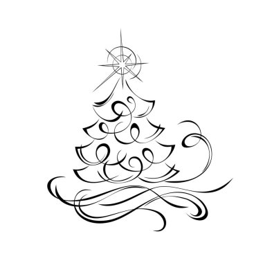Beyaz zemin üzerinde siyah çizgiler olan soyut Noel ağacı