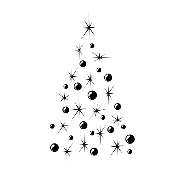 One Stylized Christmas Tree Christmas Balls Stars Black Lines White — Stock Vector