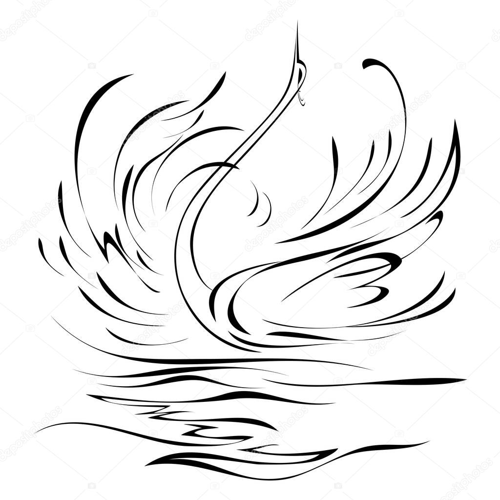 one graceful swan flaps its wings in the water; graphic illustration in black lines on white background