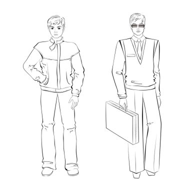 Yürümek için giyinmiş genç bir adam ve ofis işi için giyinmiş genç bir adam.
