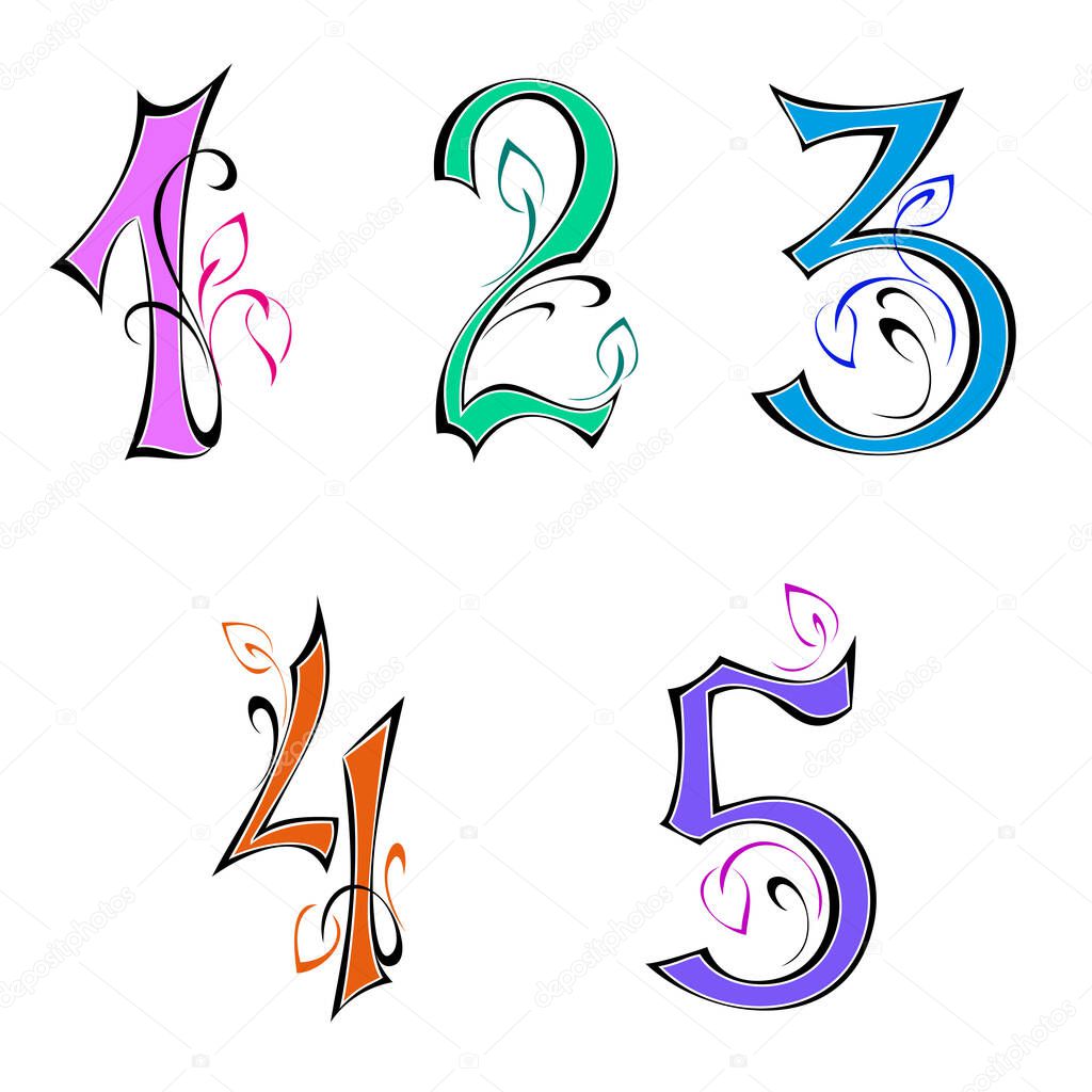 colored numbers 1, 2, 3, 4, 5, decorated with leaflets and curls on a white background. SET