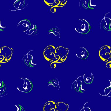 Mavi arkaplanda sarı süslemeler ve stilize yapraklar