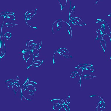 Biçimlendirilmiş çiçekleri ve mavi arkaplanda yaprakları olan kusursuz desen