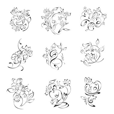 Beyaz arka planda siyah çizgileri olan çiçekli bir çiçek süsü. Ayarla