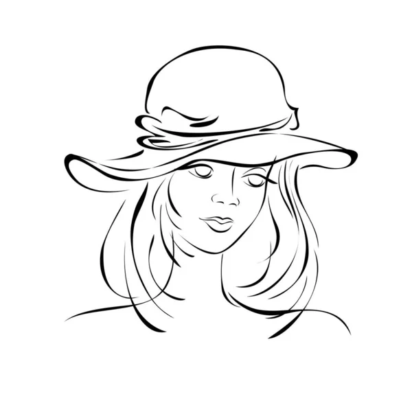 Πορτρέτο Ενός Όμορφου Κοριτσιού Γυναικείο Καπέλο Μαύρες Γραμμές Λευκό Φόντο — Διανυσματικό Αρχείο