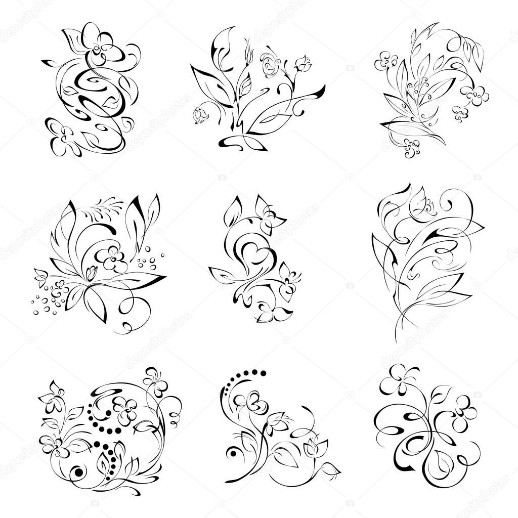 floral ornament of stylized flowers with leaves in black lines on a white background. set