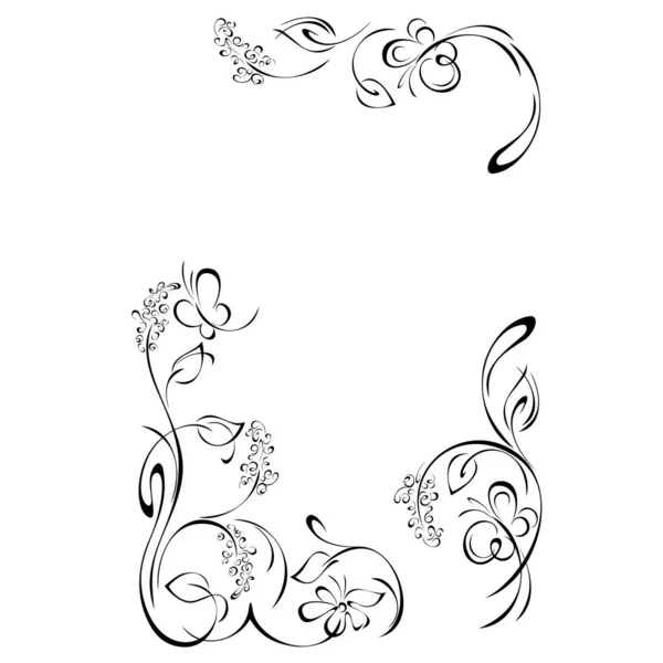 Декоративная Рамка Стилизованными Цветами Стеблях Листьями Бабочками Виньетками Черных Линиях — стоковый вектор